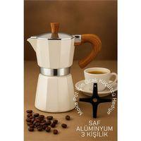 Modacar Italyan Moka Pot - 6061 Saf Alüminyum  Ahşap Saplı - 3 kişilik KREM