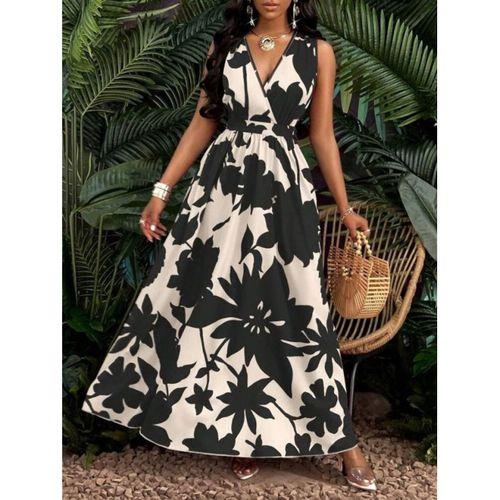 Kadın Askılı Kruvaze Yakalı çiçek Desenli Uzun Süprem Elbise