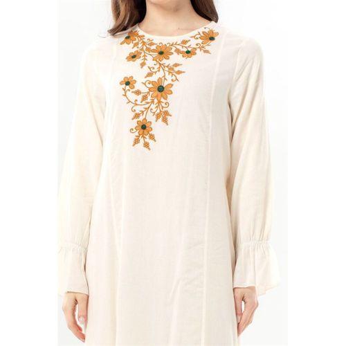 Uzun Kol Aysu Nakışlı Bisiklet Yaka Şile Bezi Yazlık Uzun Elbise Krem Krm