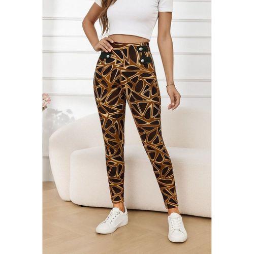 Kadın Yüksek Bel Kaz Ayağı Desenli Yan şerit Düğme Detaylı Dalgıç Pantolon