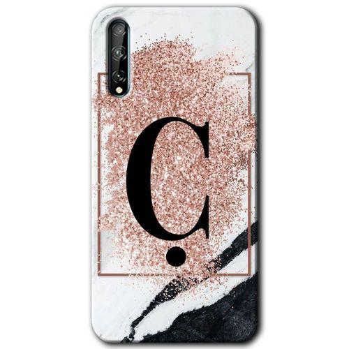 Huawei Y8P Kılıf Baskılı Kapak - Pembe Mermer Desenli C Harfi + 5D Tam Kaplayan Cam