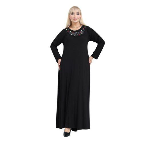 Melsay Butik Yakası Taş Detaylı Uzun Kollu Siyah Uzun Elbise