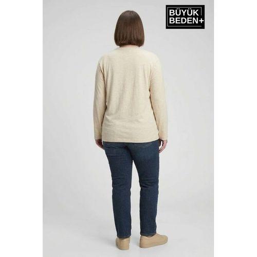 Kadın Büyük Beden Uzun Kollu 2 İplik Bisiklet Yaka Tişört