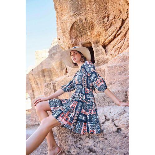 Etnik Desenli Truvakar Kollu V Yaka Elbise