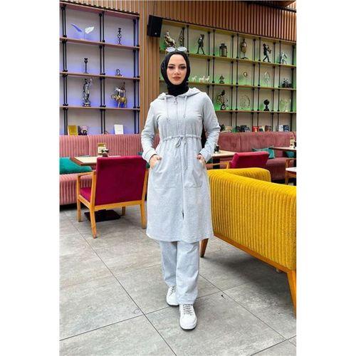 Kapşonlu Belden Bağlamalı Fermuarlı Sade Basic Uzun Tunik ve Pantolon İkili Spor Takım - 03065.008 - Gri