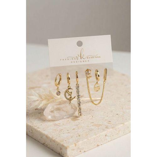 Gold Renk Pirinç Zirkon Taşlı 6'lı Küpe Set Kombini