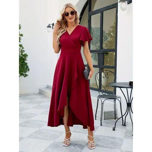 Kadın Kısa Kollu Kruvaze Yakalı ön Asimetrik Volanlı Uzun Ithal Krep Elbise