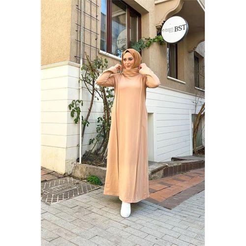İkili Uzun Nevrül Detaylı Boğazlı Sade Basic Uzun Büyük Beden Spor Elbise - 12027 - Bej