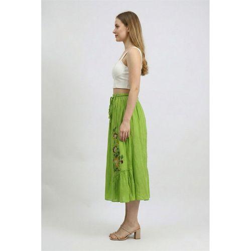 Canan Vual Bağlama ve Lastik Detay Midi Boy Yazlık Otantik Etek Fıstık Yeşili fysl