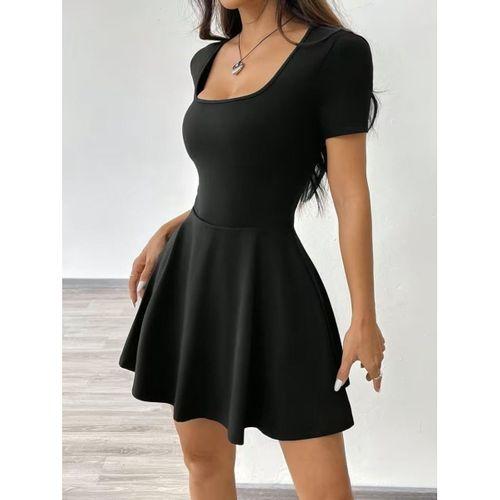 Kadın Kısa Kollu Kare Yakalı Cep Detaylı Dalgıç Elbise Tulum