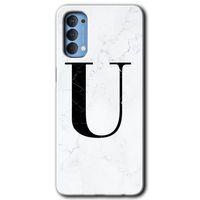 OPPO Oppo Reno 4 Kılıf HD Desen Baskılı Arka Kapak + Temperli Cam - Beyaz Mermer Desenli U Harfi
