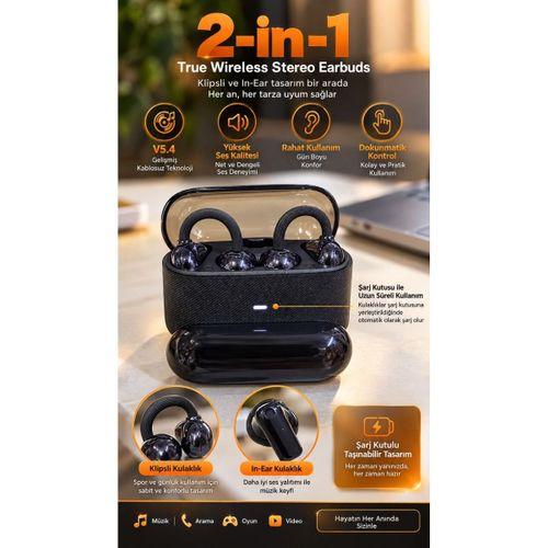 4’lü Kablosuz Bluetooth Kulaklık Klipsli Ve Kulak İçi Tasarım Siyah