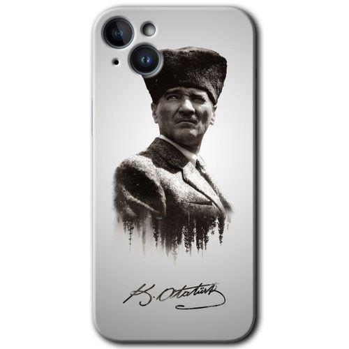 iPhone 14 Kılıf HD Desen Baskılı Arka Kapak - Temperli Cam - Mustafa Kemal Atatürk