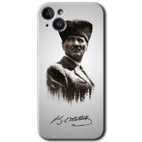 iPhone 14 Kılıf HD Desen Baskılı Arka Kapak - Temperli Cam - Mustafa Kemal Atatürk