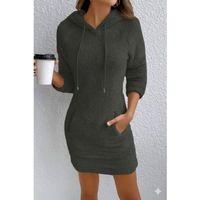 Kadın Uzun Kollu Kapşonlu Cepli Mini Peluş Elbise