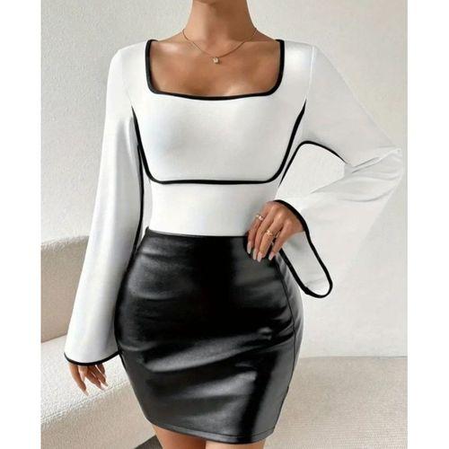 Kadın U Yaka Siyah şerit Detyalı Yarasa Kol Dalgıç Kumaş Arabiyeli Bluz