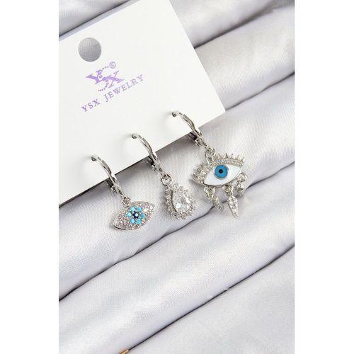 Pirinç Zirkon Taşlı 3'lü Fatma'nın Gözü Model Gümüş Renk Kadın Küpe