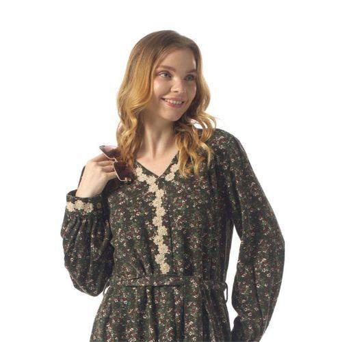 Vera Düğmeli Menekşe Desen Pazen Çift Cepli Kuşaklı Uzun Kollu Kışlık Uzun Elbise Yeşil Ysl