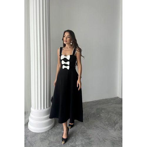 Siyah Fiyonk Garnili Dantelli Elbise