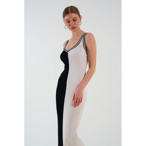 İki Renki Kolsuz Elbise - Siyah-Krem