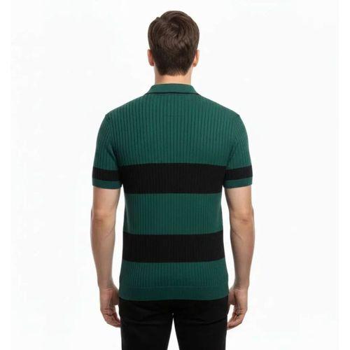 Erkek T-shirt Çizgili Triko Dokuma Kumaş Polo Yaka Yarım Fermuarlı Regular Kalıp Tişört - Çağla Yeşili