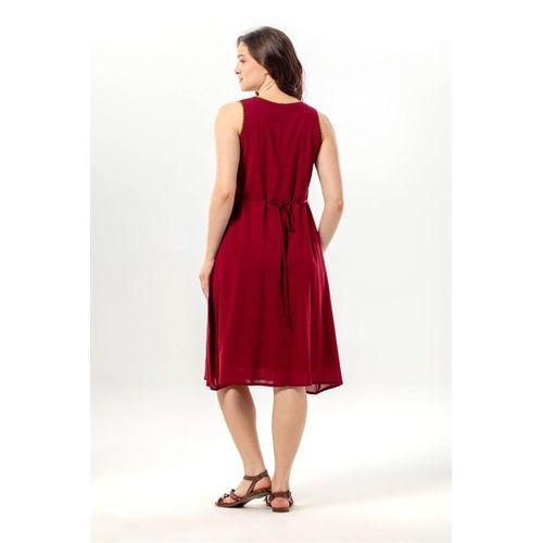 Kolsuz Efsane V Yaka Nakışlı Yazlık Şile Bezi Midi Boy Elbise Bordo Brd