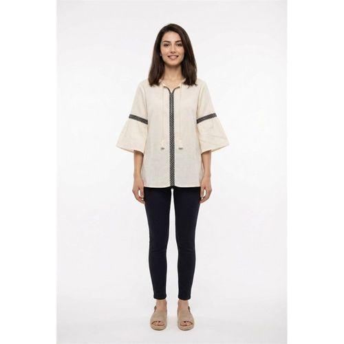 Kısa Kol Dicle Bağcıklı V Yaka Şile Bezi Yazlık Bluz Krem Krm