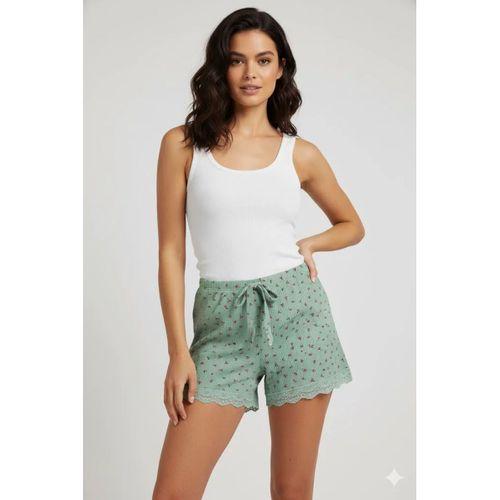 Düz Renk Mini Çiçek Desenli Penye Kadın Ev Şortu Bacak Dantel Detaylı Ev Giyim Yeşil