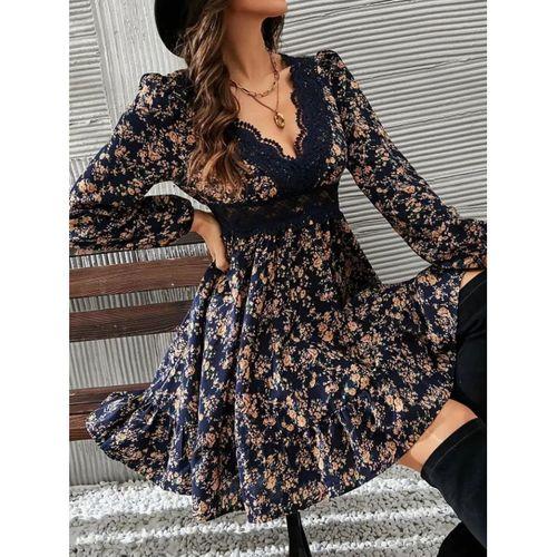 Kadın Uzun Kollu Dantel V Yakalı Mini Desenli Süprem Elbise
