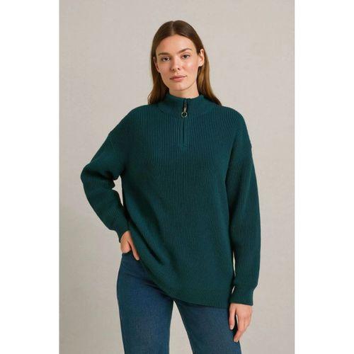 KADIN Yarım Fermuarlı Triko Kazak – Selanik Örgü, Dik Yaka, Pamuklu Dokuma, Oversize Uzun Kollu Kışlık Model - Haki