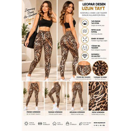 Kadın Leopar Desenli Yüksek Bel Uzun Tayt – %92 Pamuk %8 Lycra, Esnek Kumaş - ryl - 3005