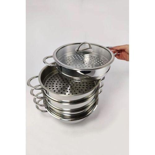 Oms 6090-C Mantı ve Haşlama Tenceresi 6 Parça Paslanmaz Çelik Cam Kapaklı 30x10 Cm
