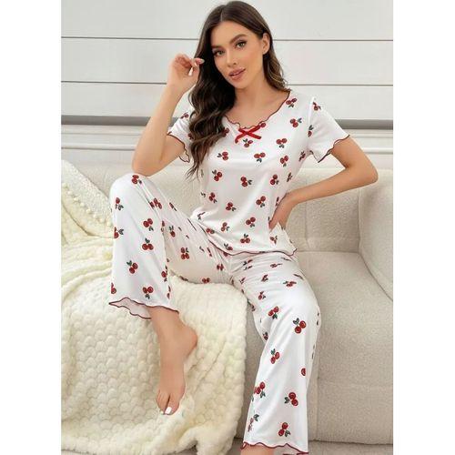Kadın Beyaz Kiraz Desenli Kısa Kollu Pijama Takımı Yumuşak Rahat Ev Giyimi Özel Tasarım