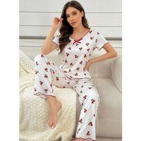 Kadın Beyaz Kiraz Desenli Kısa Kollu Pijama Takımı Yumuşak Rahat Ev Giyimi Özel Tasarım