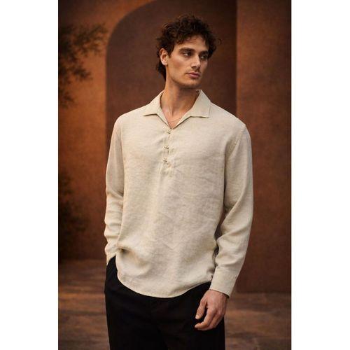 Baldwin Apaş Yaka Britli 3 Düğmeli İnce Modal Kumaş Oversize Uzun Kollu Yazlık Erkek Gömlek - Bej