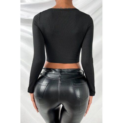 Kadın Siyah Göğüs Dekolteli Çapraz Askılı Uzun Kollu Crop Top Bluz