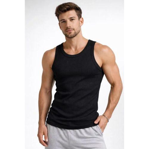 Erkek Fitilli Atlet Sıfır Yaka Slim Fit Arka Baskılı Spor Atlet - Siyah