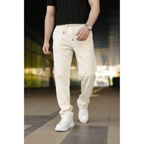 Erkek Keten Cepli Pantolon Lastikli Bel Bağcıklı Önden Fermuarlı - Krem