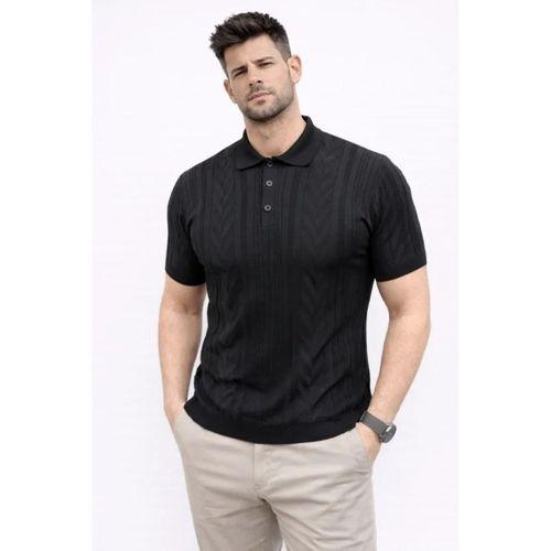 Erkek Yazlık Triko Tişört Kısa Kol Polo Yaka Düğmeli T-Shirt - Siyah