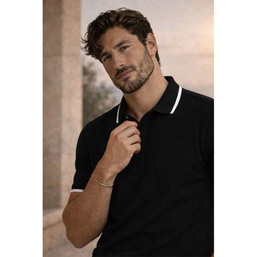 Balzac Yakası Şeritli Düğmeli Polo Yaka Basic Günlük Petek Örgü Triko Erkek T-Shirt - Siyah