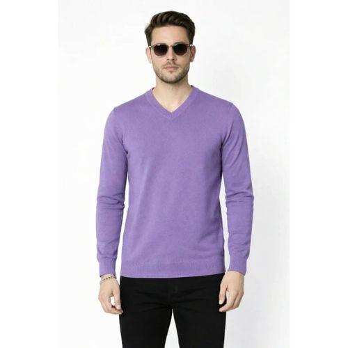 Erkek V Yaka Triko Kazak Yumuşak Dokulu Pamuklu Ince Dokuma, Uzun Kollu Rahat Regular Kalıp - Mor