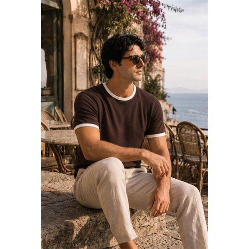 Miyazaki Regular Fit %100 Pamuk Waffle Box Bisiklet Yaka Erkek T-Shirt - Kahve
