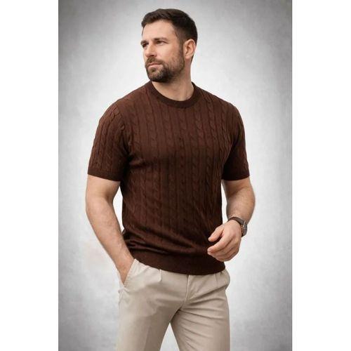 Erkek Yazlık Triko Dokuma Tişört Kısa Kol Bisiklet Yaka Örgü Desenli T-Shirt - Kahverengi