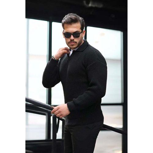 Oversize Gömlek Polo Yaka Selanik Örgülü Erkek Triko Kazak - Siyah