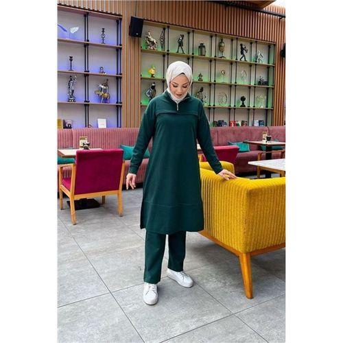 Dik Yaka Kısa Fermuarlı Yırtmaçlı Sade Basic Uzun Tunik ve Pantolon İkili Spor Takım - 03062.021 - Nefti