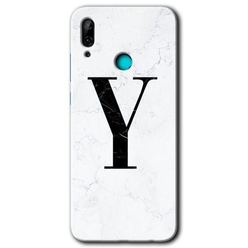 MRCİLETİSİM  Huawei P smart 2019 Kılıf Kapak - Beyaz Mermer Desenli Y Harfi +Hayalet Ekran Yandan Gözükmez