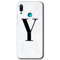 MRCİLETİSİM  Huawei P smart 2019 Kılıf Kapak - Beyaz Mermer Desenli Y Harfi +Hayalet Ekran Yandan Gözükmez