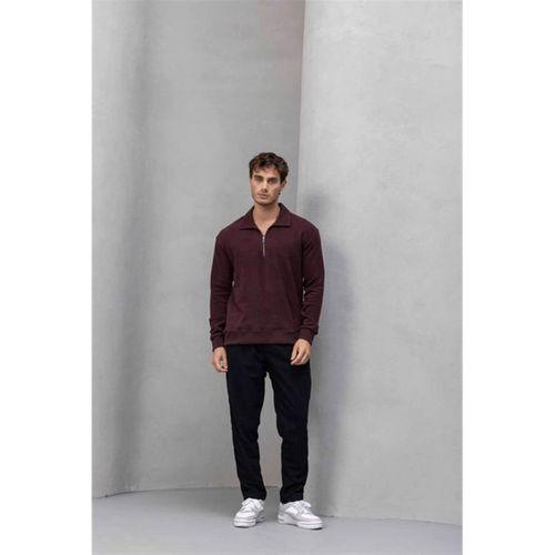 Eric Relax Fit Yarım Fermuar Polo Yaka Selanik Sweatshirt Bordo - Roy Kadife Beli Lastikli Jogger Pantolon Siyah