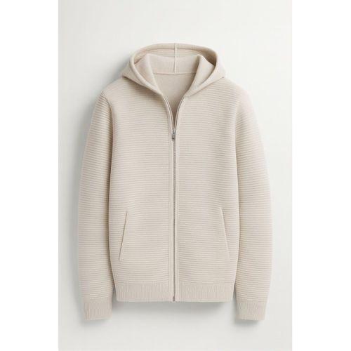 Fermuarlı Merdiven Örgü Kapüşonlu Triko Hırka/Ceket - Taş