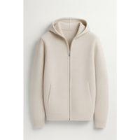 Fermuarlı Merdiven Örgü Kapüşonlu Triko Hırka/Ceket - Taş